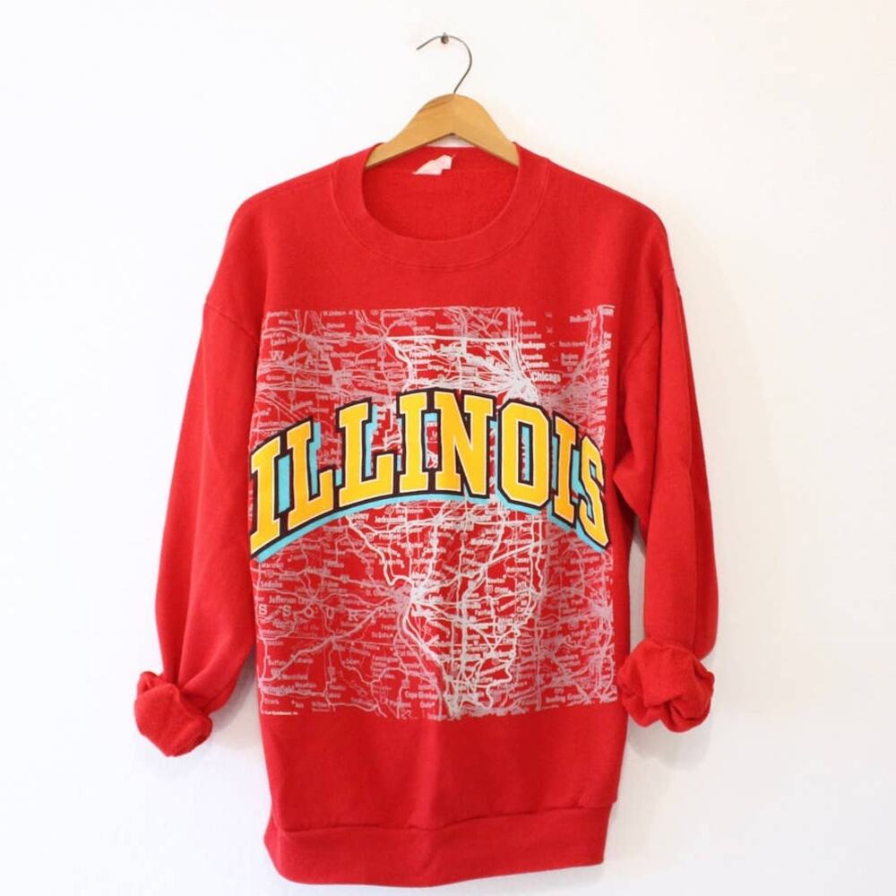 Vintage 90s Illinois Map Red Souvenir Sweatshirt Mens XL
